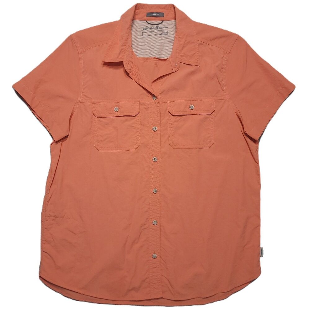 Eddie Bauer Shirt Womens M Coral Button Up Short Sleeve Classic Mountain Ripstop - Picture 2 of 10